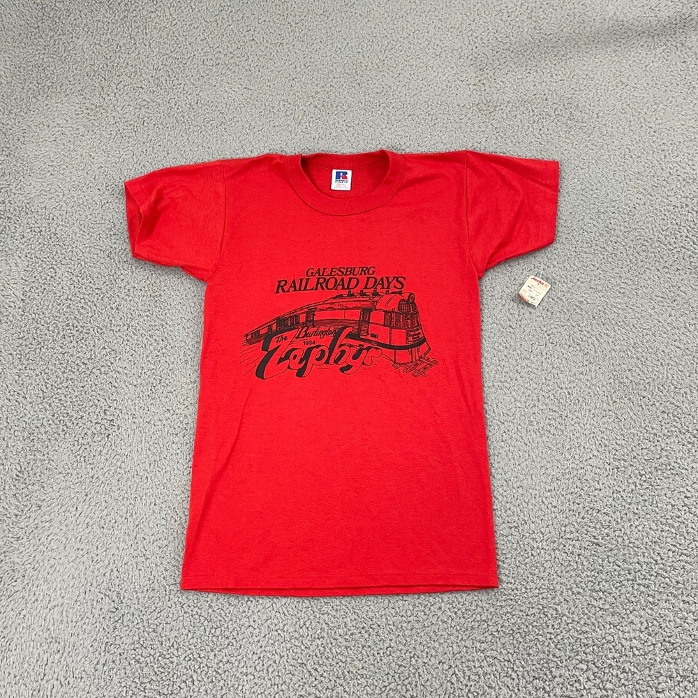 VTG Burlington Zephyr Shirt Youth L Red Galesburg Railroad Single Stitch Tee NWT